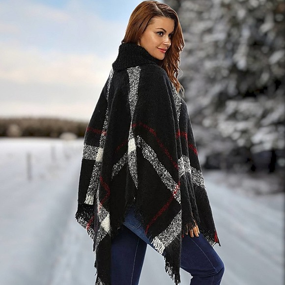 Black Plaid Turtle Neck Sweater Poncho - Picture 5 of 5